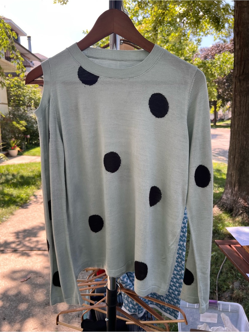 Light Green Polka Dot Cold-Shoulder Sweater